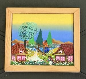 Signed Original Folk Art Landscape Painting in Frame-Village Scene